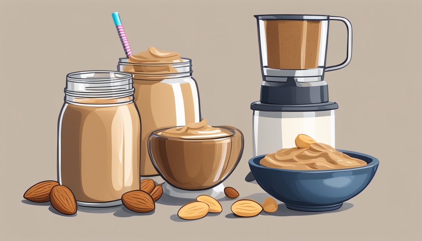 A blender with almond butter, fruits, and yogurt next to a jar of peanut butter