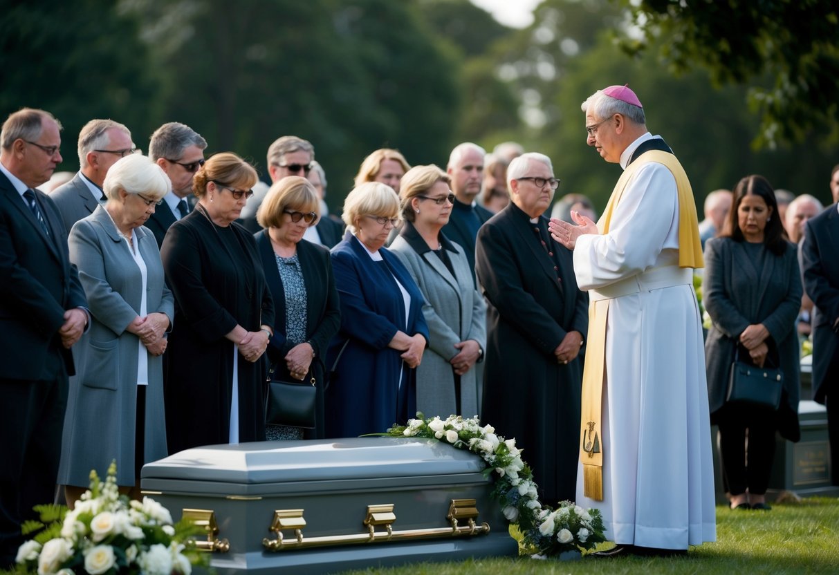 A vicar stands at a graveside, comforting mourners as they gather to pay their respects. The somber atmosphere is heightened by the presence of flowers and a casket