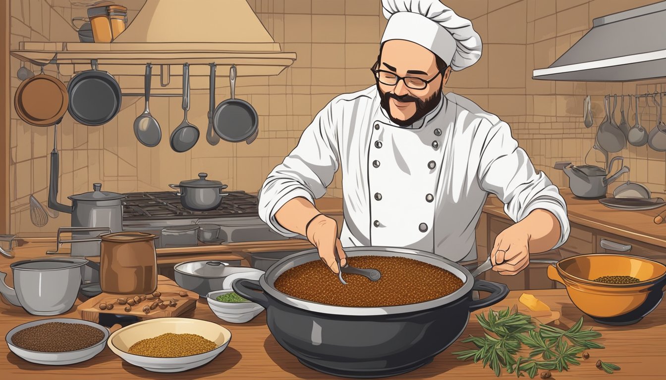 A chef sprinkles allspice into a bubbling pot of stew, replacing mixed spice in a traditional cultural dish. The rich aroma fills the kitchen