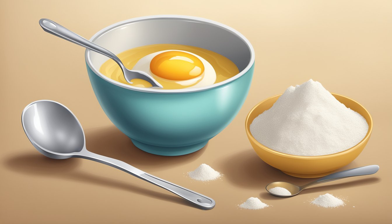 A cracked egg with a measuring spoon filled with applesauce next to a mixing bowl of flour and sugar