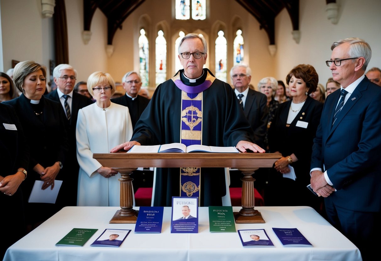 A vicar stands at a pulpit, surrounded by mourners. A table displays pamphlets on optional funeral services and personal touches
