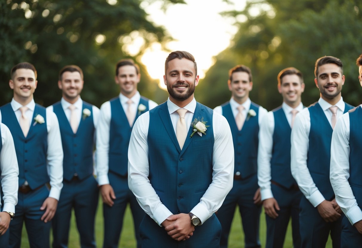 A line of groomsmen standing in a row, with one man in the center