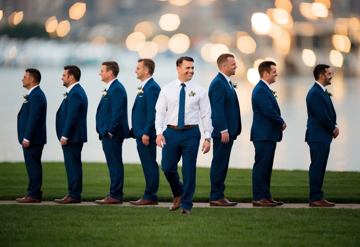 A group of men standing in a line, with one man in the middle slightly ahead of the others, indicating his importance as the best man