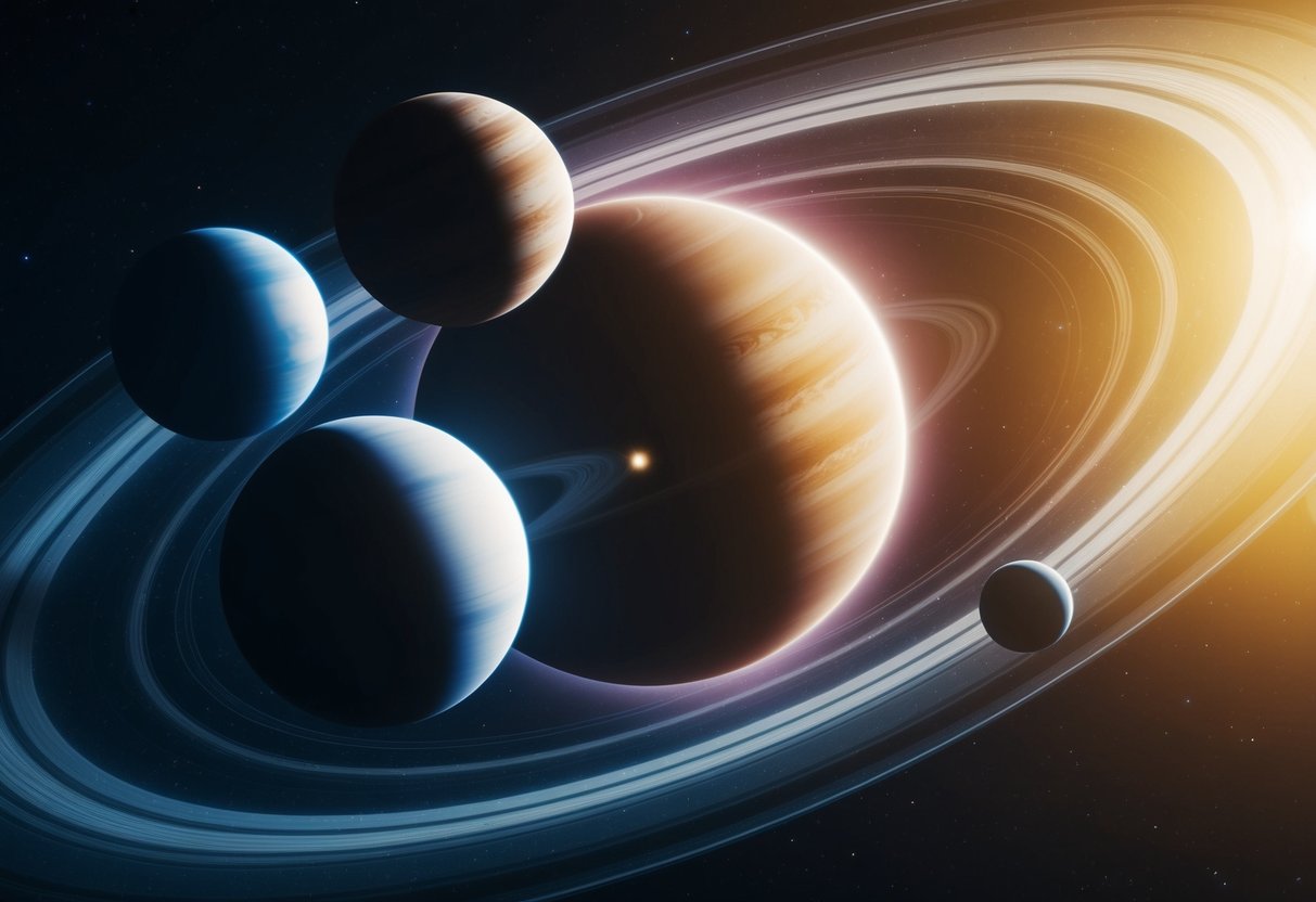A group of planets orbiting a central star, with one planet appearing to be expanding and growing larger than the others