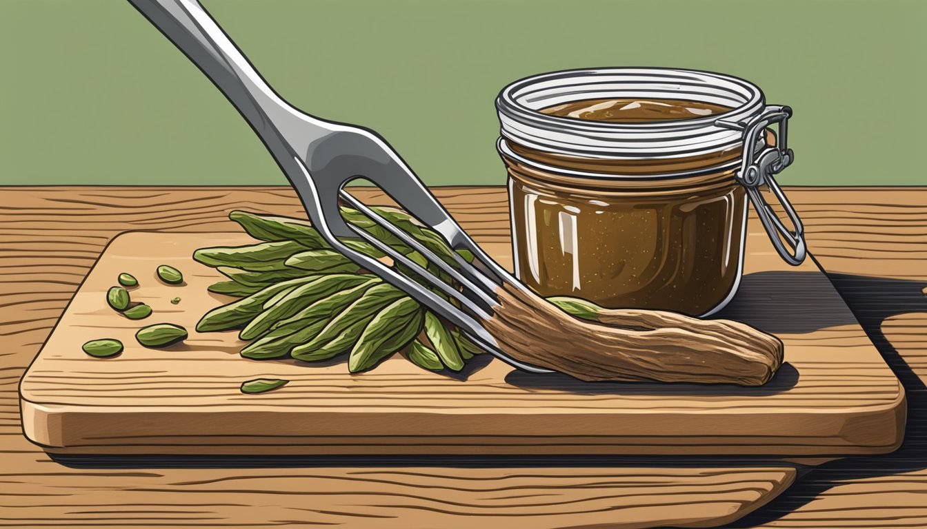 A small dollop of anchovy paste being spooned out of a jar onto a cutting board, next to a few whole anchovies