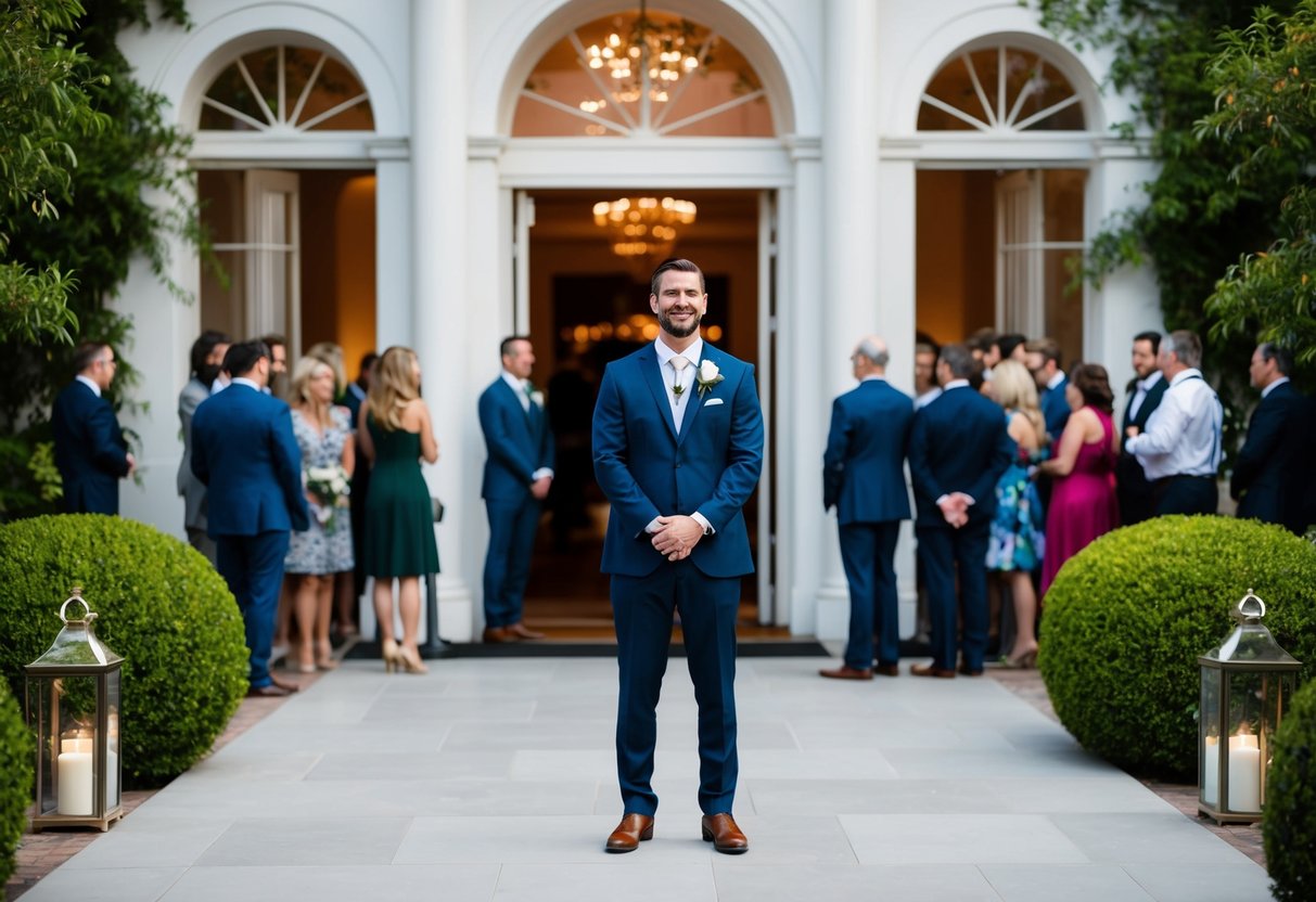 A groom stands at the front of a wedding venue, watching guests arrive. The setting is elegant, with a grand entrance and lush greenery