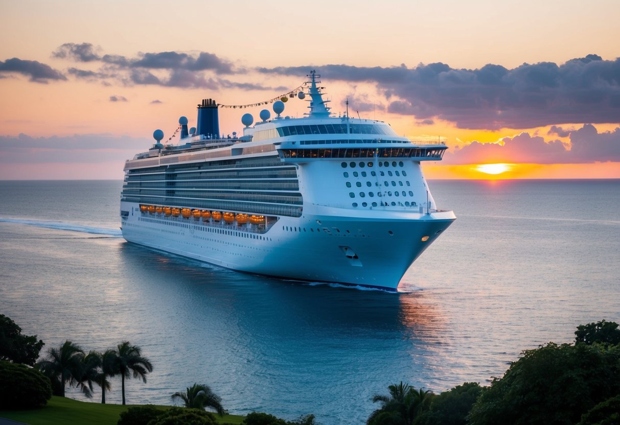 A grand cruise ship adorned with elegant wedding decorations, overlooking a serene ocean backdrop with a breathtaking sunset in the distance