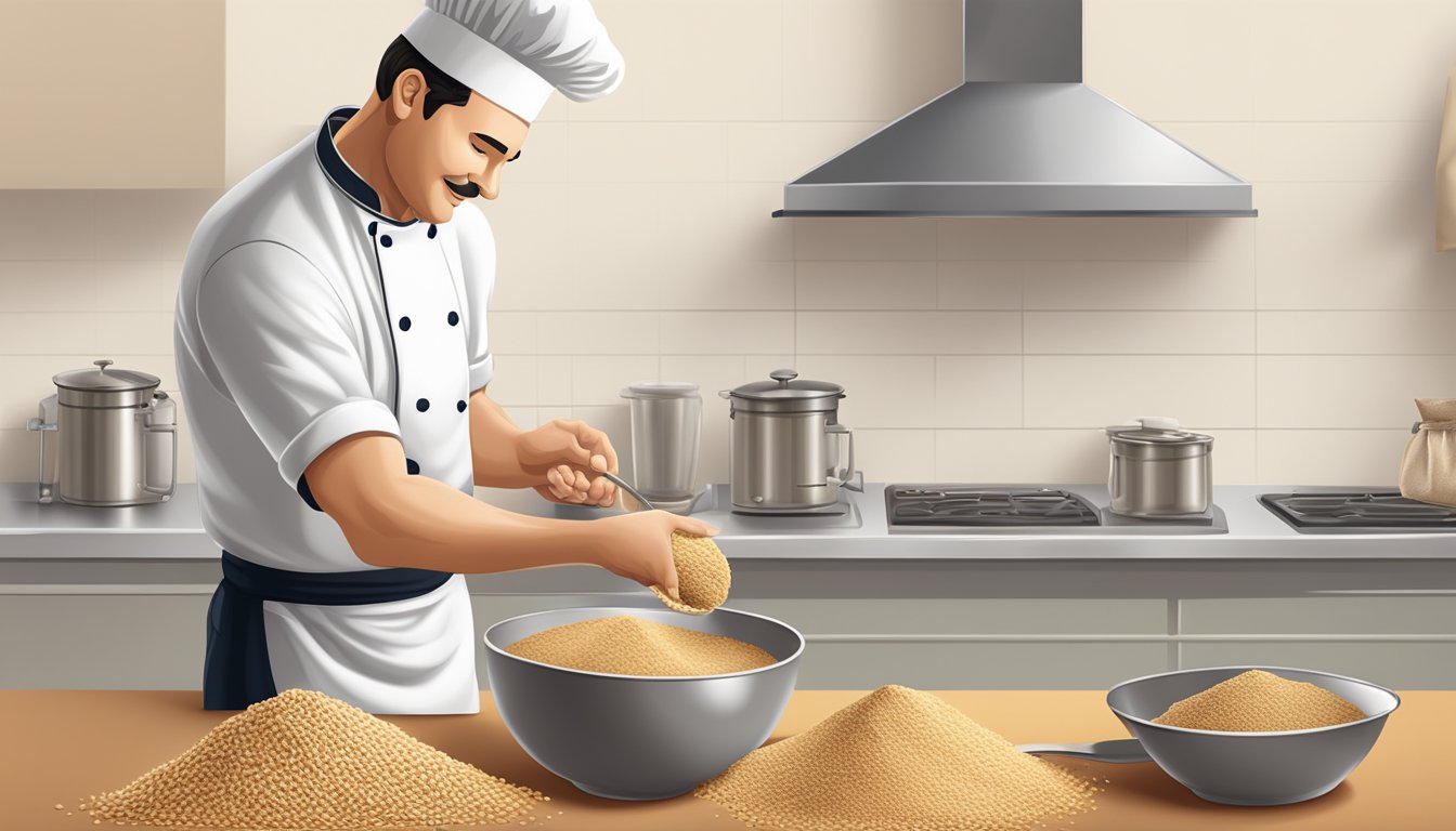 A chef pouring a scoop of ground nuts into a bowl, next to a bag of wheat flour