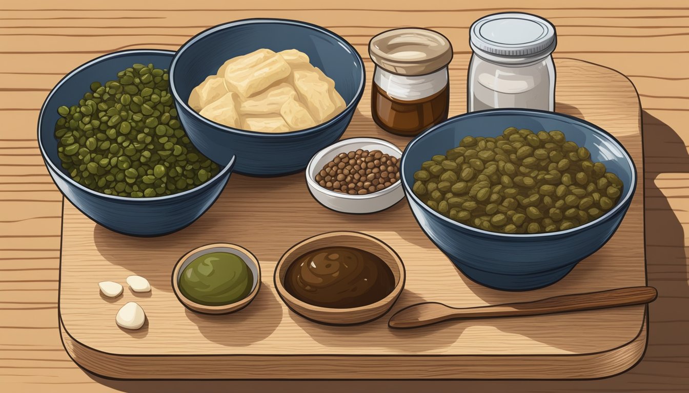 A jar of anchovy paste next to a bowl of alternative ingredients like miso paste, soy sauce, and capers on a wooden cutting board