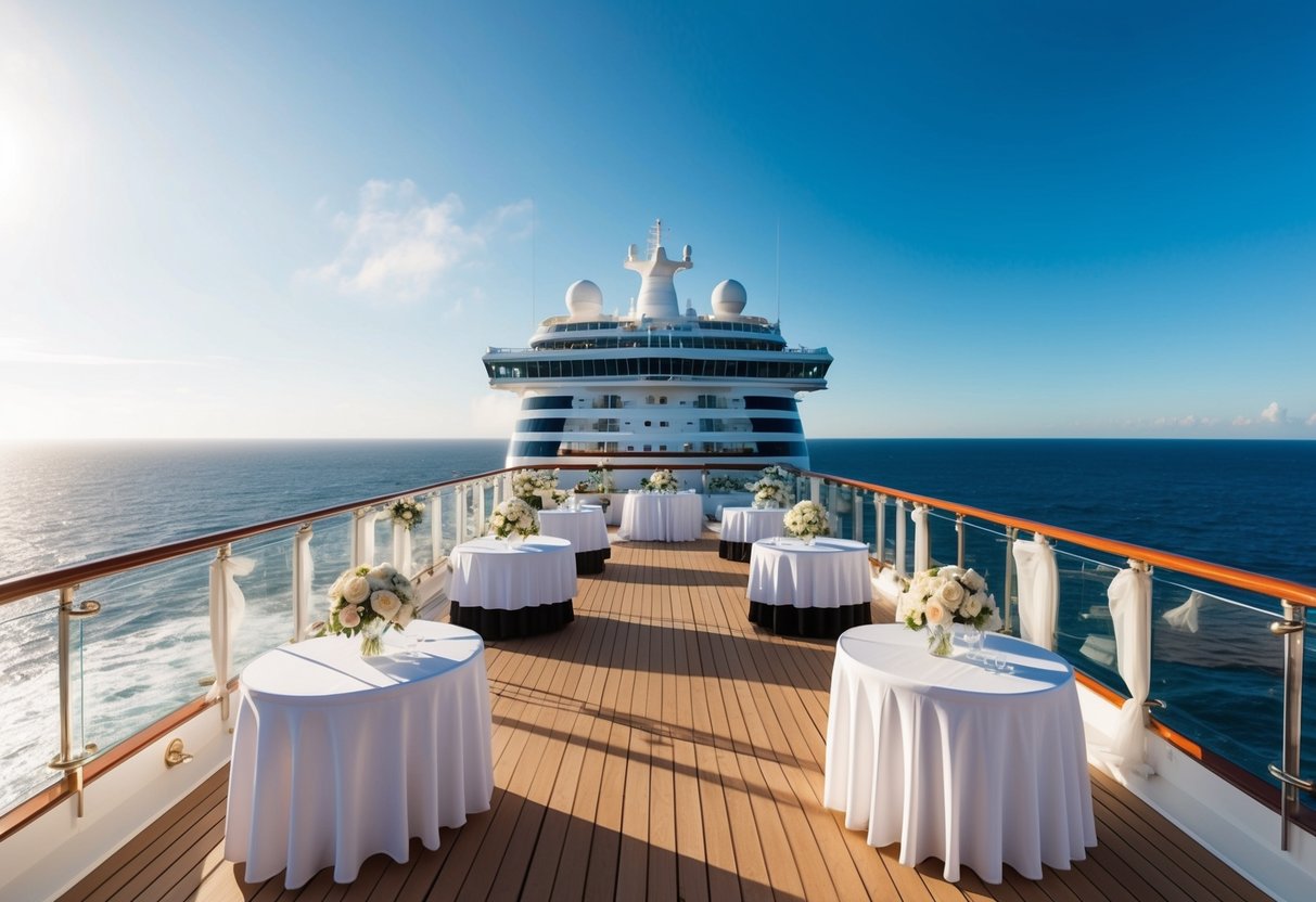 A luxurious cruise ship deck with elegant wedding decorations, overlooking the sparkling ocean under a clear blue sky