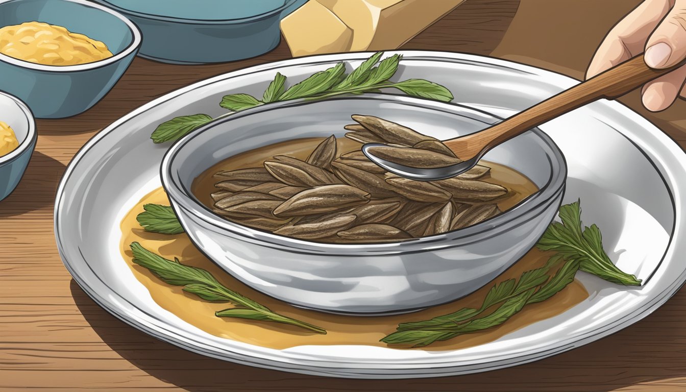 A small bowl of anchovy paste being spooned onto a dish, with whole anchovies in the background