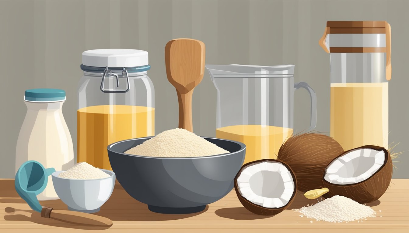 Various alternative ingredients (coconut flour, oat flour, etc.) arranged on a kitchen counter with a mixing bowl and measuring utensils