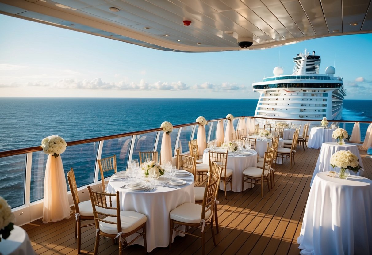 A luxurious cruise ship deck with a stunning view of the ocean, adorned with elegant decorations for a post-wedding celebration