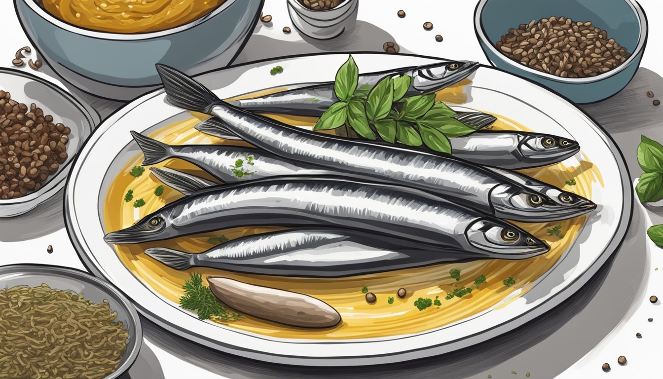 A tube of anchovy paste being squeezed onto a plate next to a pile of whole anchovies, with various herbs and spices scattered around for flavor