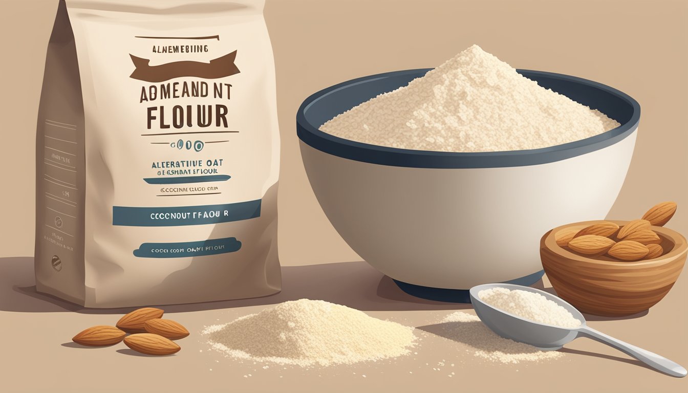 A bowl of almond flour sits next to a bag of alternative flours, including coconut and oat flour. A measuring cup and spoon are placed nearby