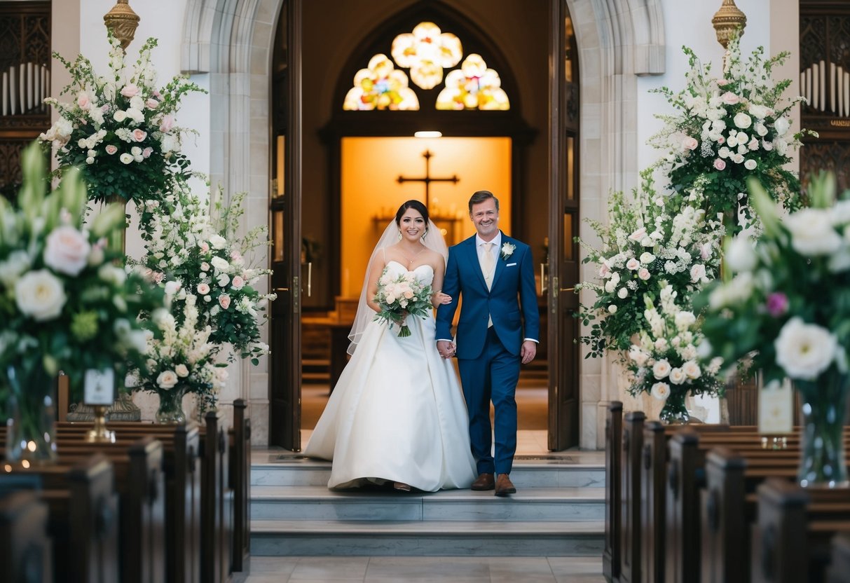 A bride and groom stand at the entrance of a grand church, surrounded by blooming flowers and soft lighting