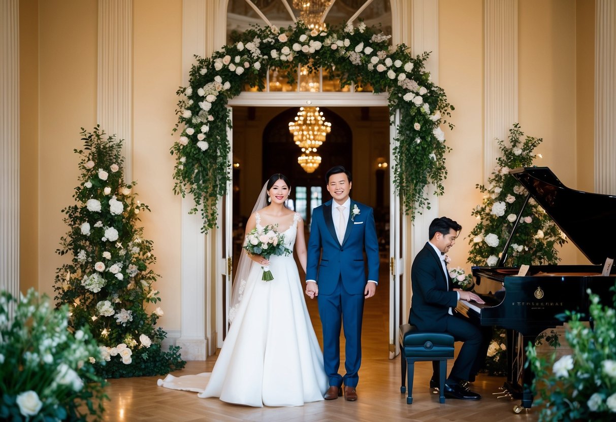 A bride and groom stand at the entrance of a grand hall, surrounded by twinkling lights and floral decorations, while a musician plays a soft melody on a grand piano