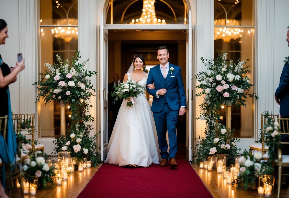 A bride and groom stand at the entrance of a grand hall, surrounded by twinkling lights and floral arrangements, as they prepare to make their wedding entrance
