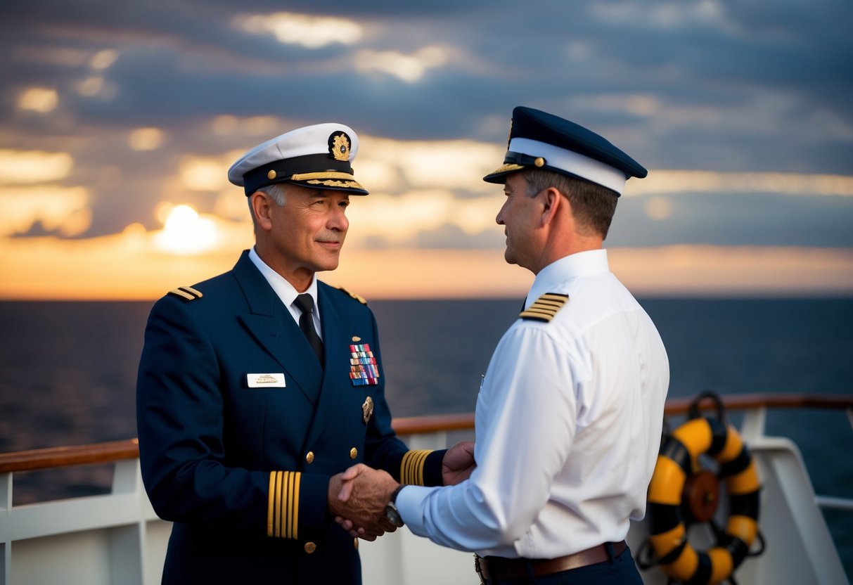 A trusted advisor stands at the captain's side, offering counsel and support on the ship's deck