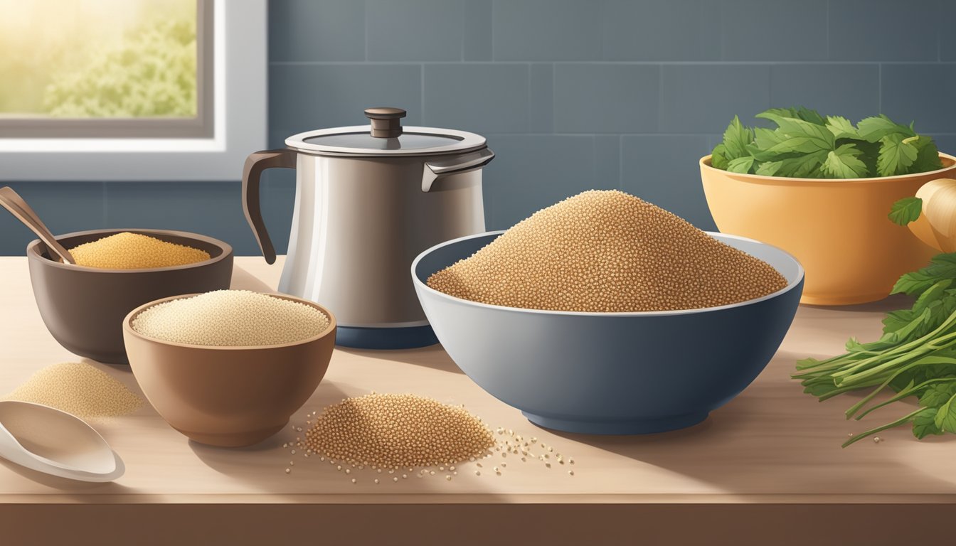 A bowl of cooked amaranth next to a bowl of quinoa, with various ingredients and measuring cups scattered around on a kitchen counter