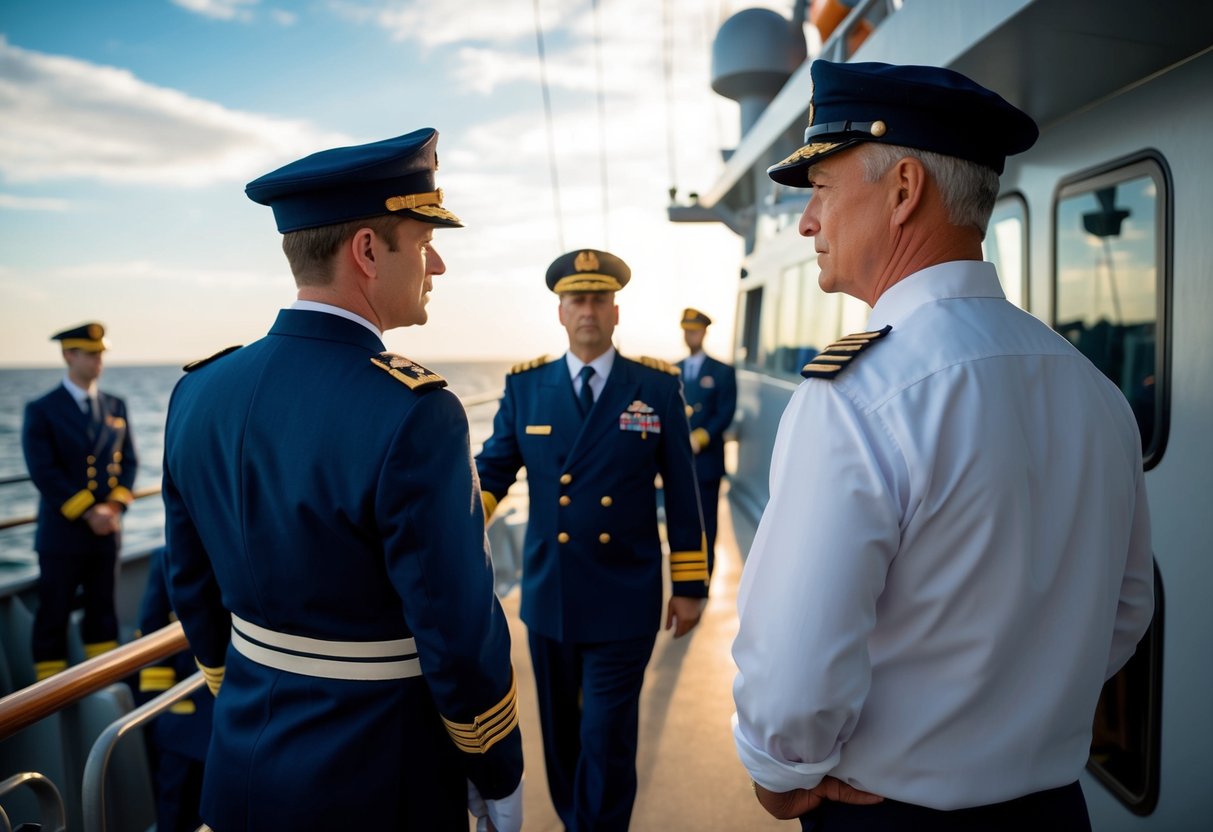 A figure stands beside the captain, overseeing the crew and directing operations on the ship