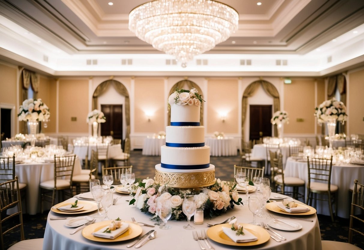A grand ballroom adorned with elegant decorations, a tiered cake, and a sparkling chandelier. Tables are set with delicate floral centerpieces and lavish desserts
