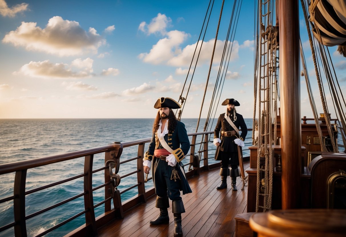 A trusted first mate oversees the bustling deck of a pirate ship, while the captain surveys the horizon from the helm