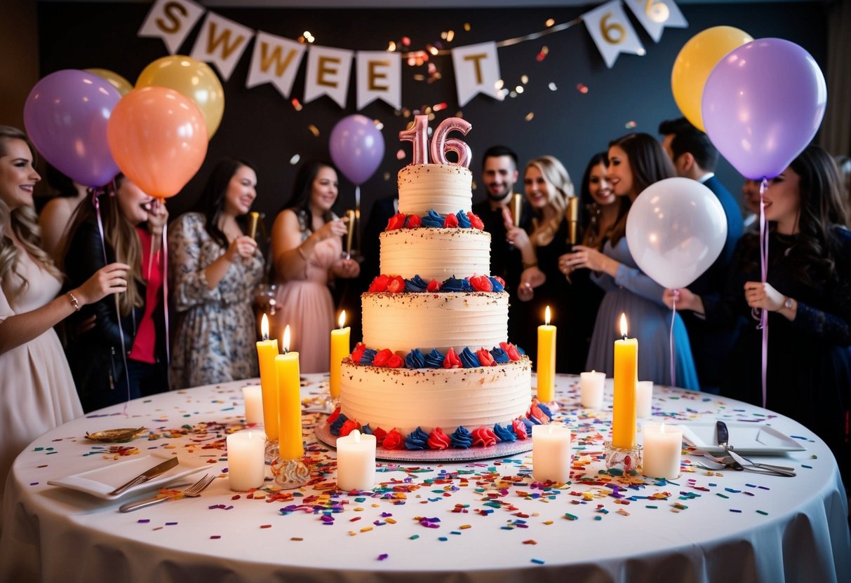 A table adorned with a tiered cake surrounded by candles, balloons, and confetti. A banner reading "Sweet 16" hangs in the background, while friends and family gather to celebrate
