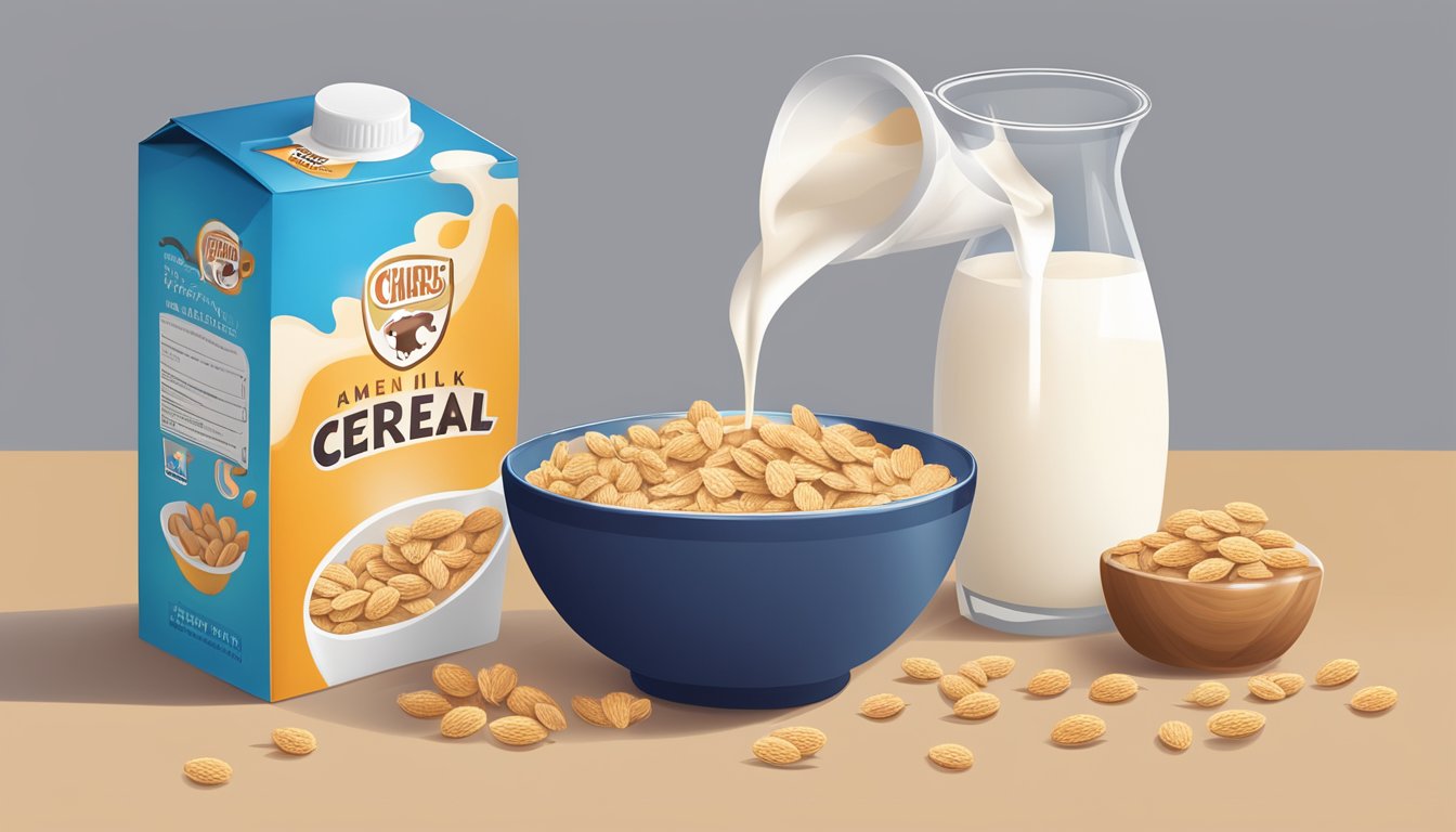 A bowl of cereal with almond milk pouring from a carton, next to a cow's milk carton