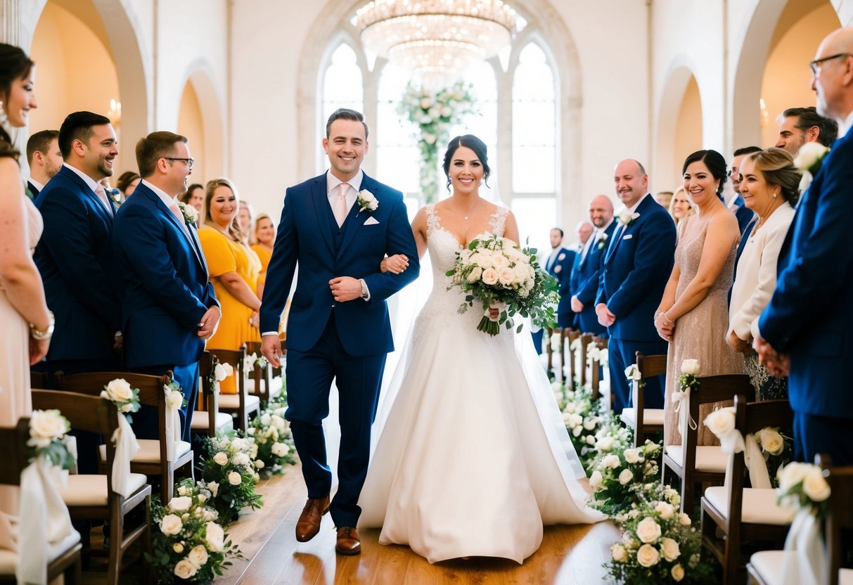 A grand entrance song plays as the bride and groom walk down the aisle, filling the air with joy and anticipation