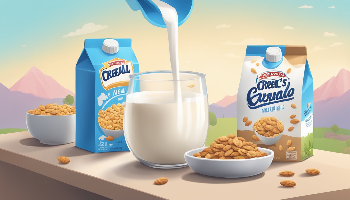 A bowl of cereal with almond milk being poured from a carton, next to a cow's milk carton