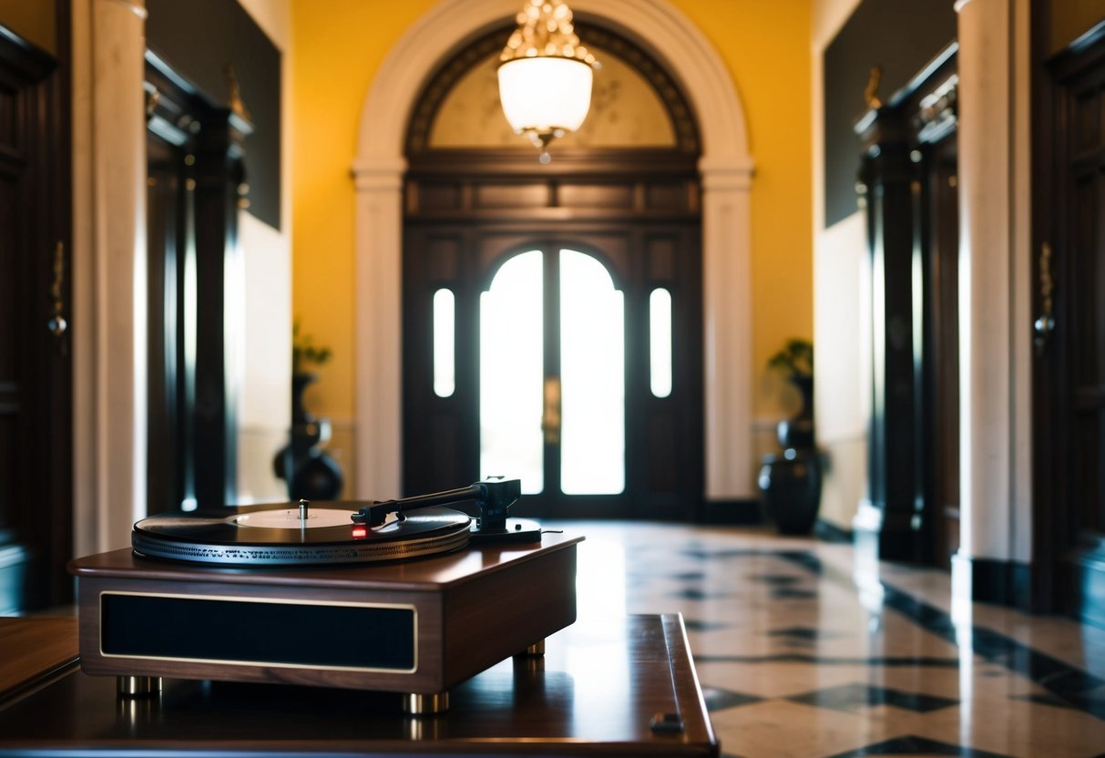 A grand, ornate entrance hall with a vintage record player and a stack of vinyl records. A spotlight shines on the turntable, casting a warm glow
