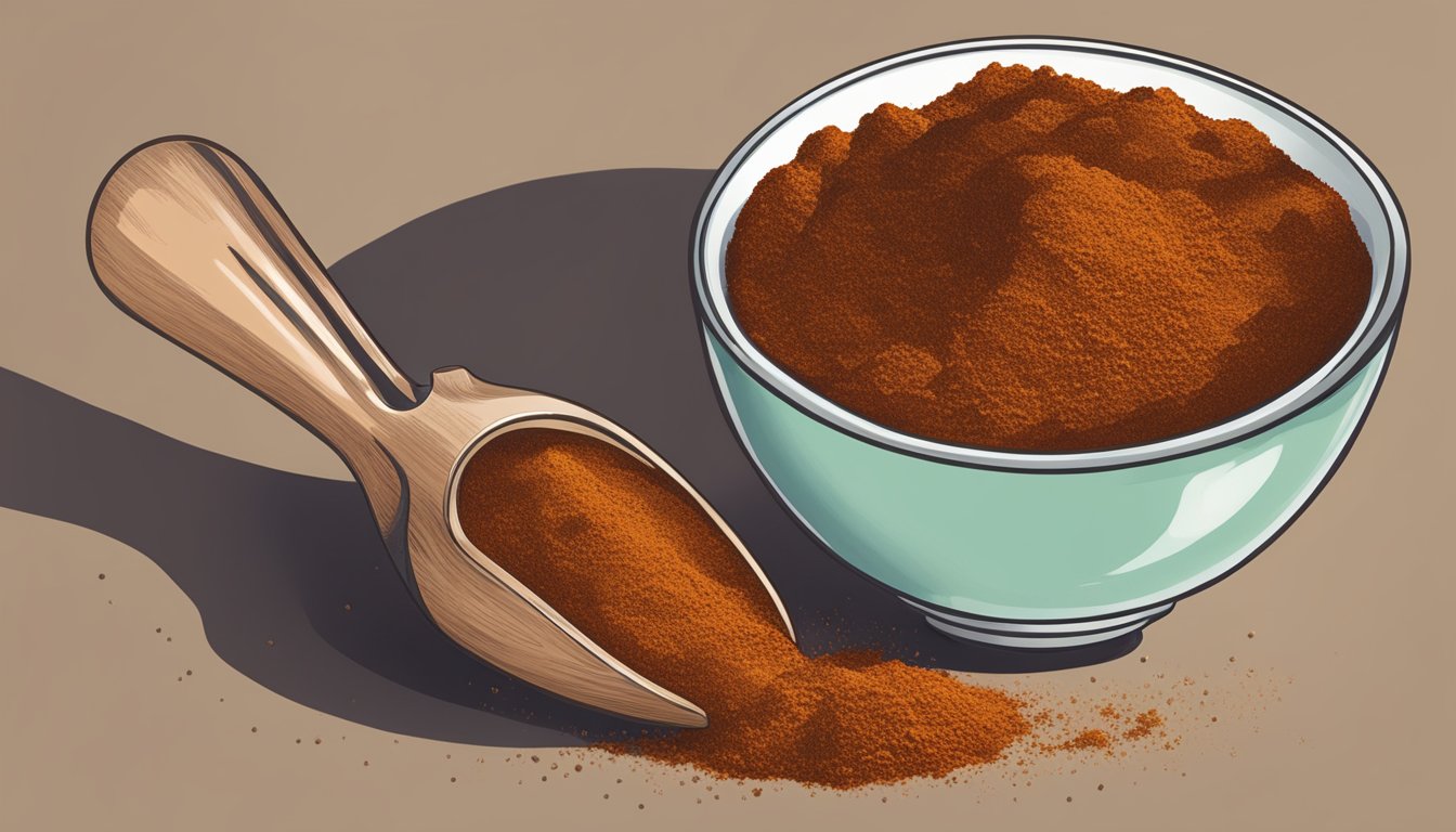 Ancho chili powder spilling from a measuring spoon into a bowl of regular chili powder