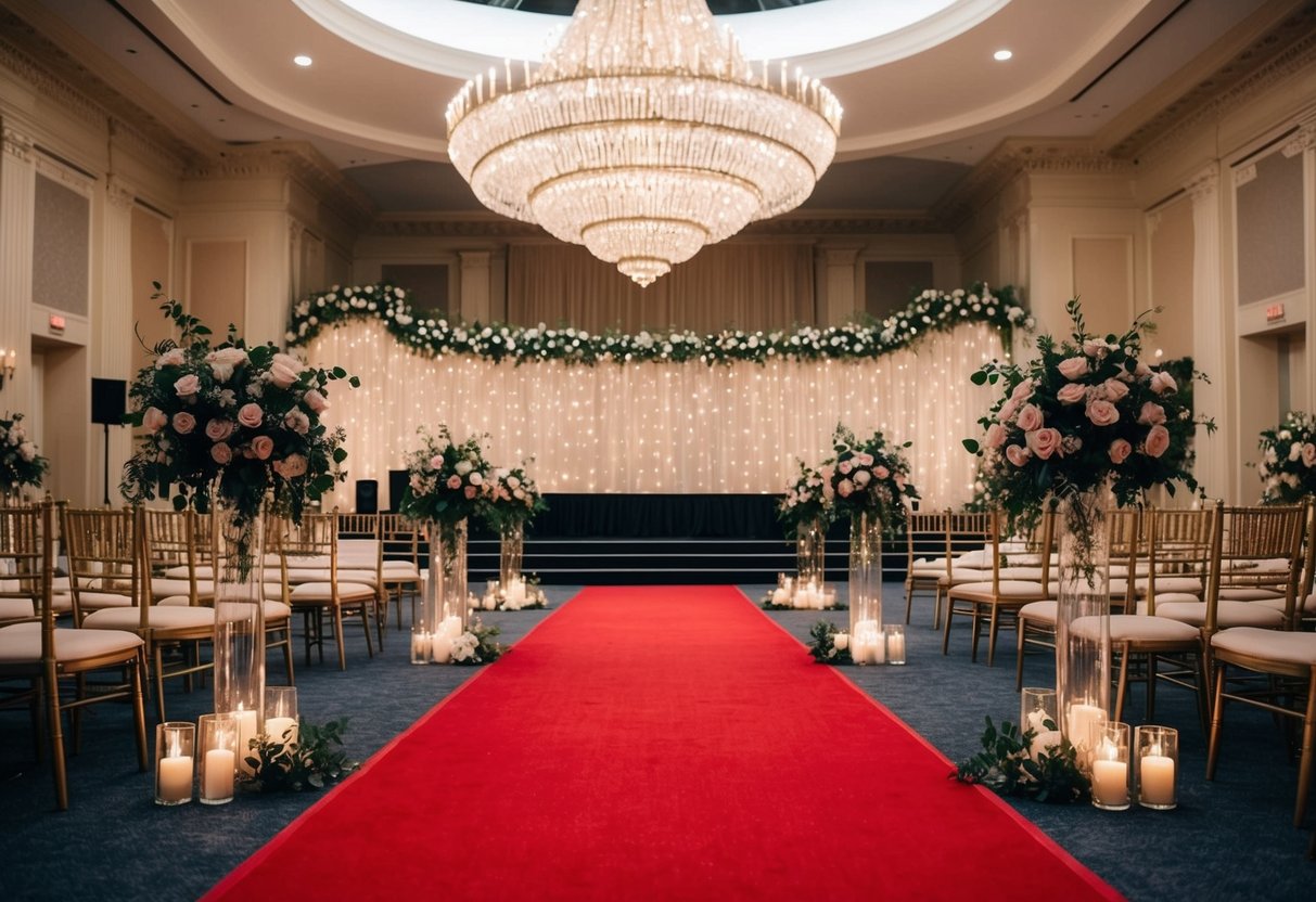 A grand ballroom with a red carpet leading to a raised stage, adorned with floral decorations and twinkling lights