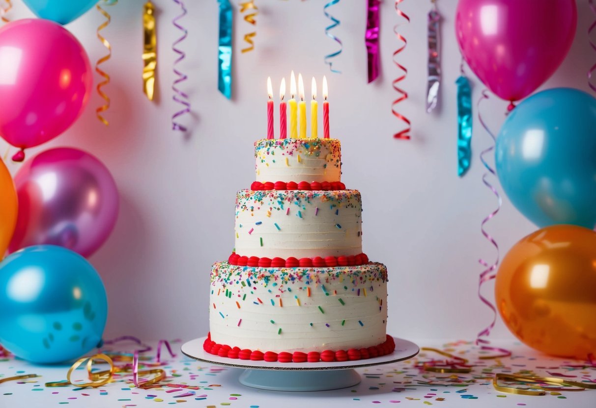 A beautifully decorated tiered cake with candles and confetti, surrounded by balloons and streamers, symbolizing the traditional sweet 16 celebration