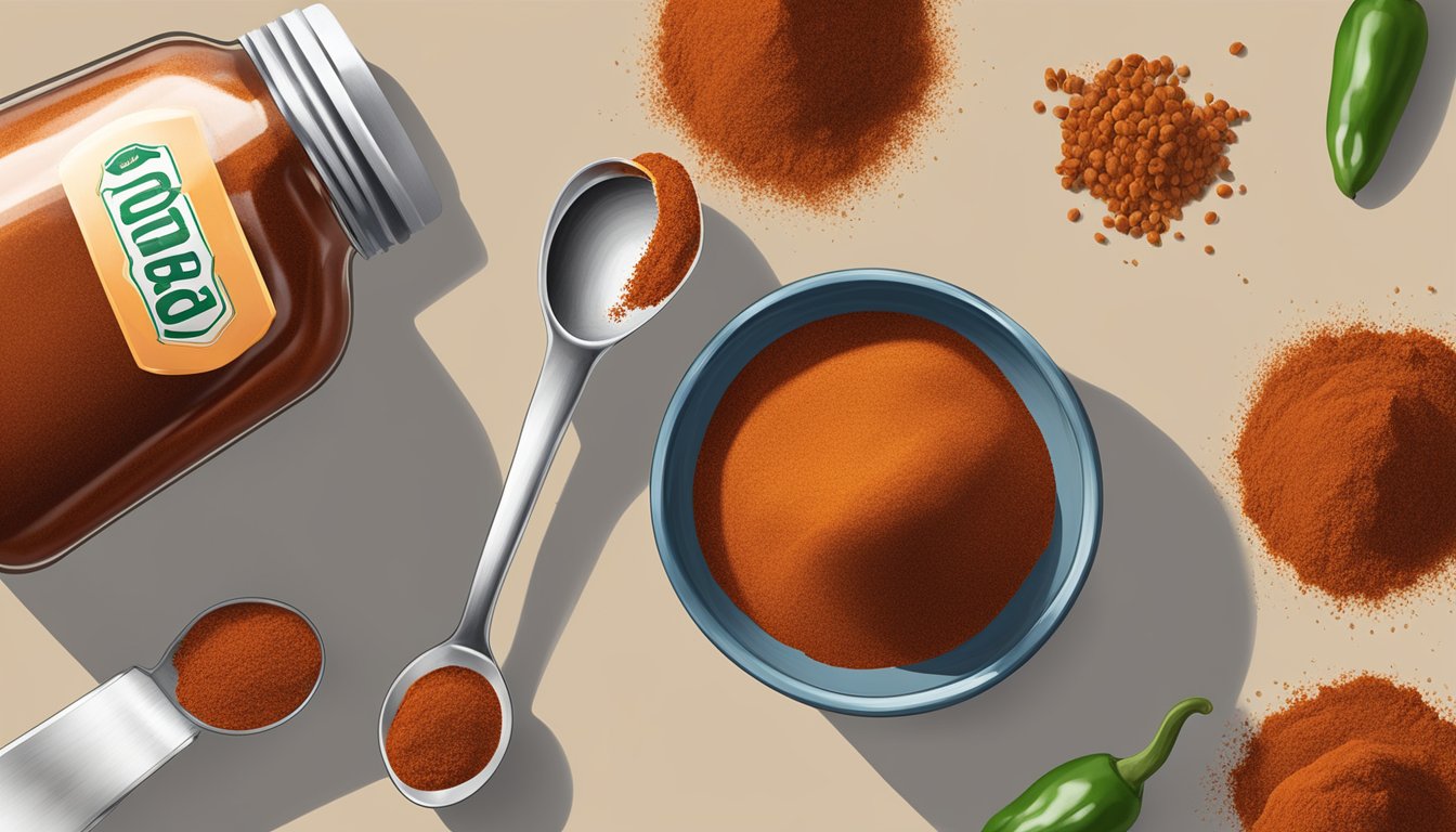 Ancho chili powder spilling from a jar onto a measuring spoon, next to a jar of regular chili powder