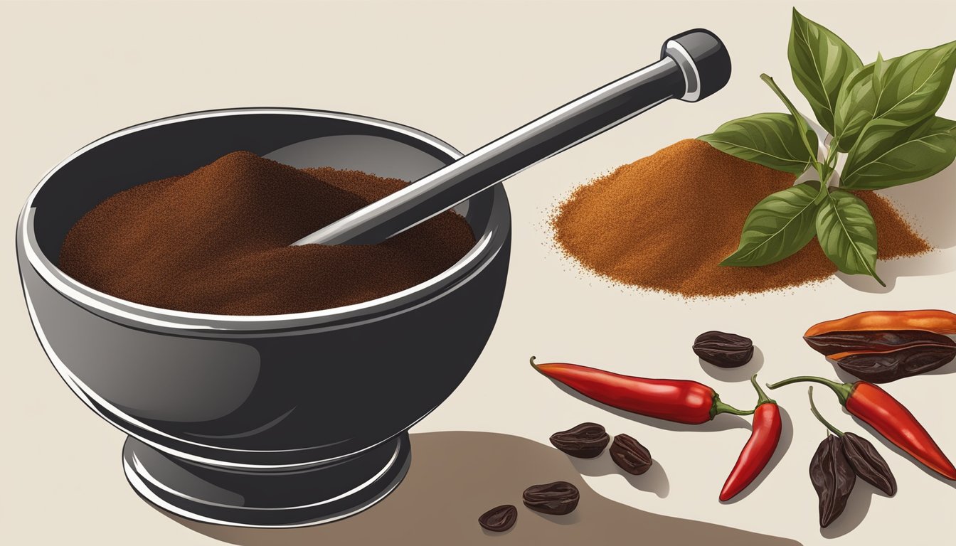 A mortar and pestle grinding dried ancho chilies into a fine powder