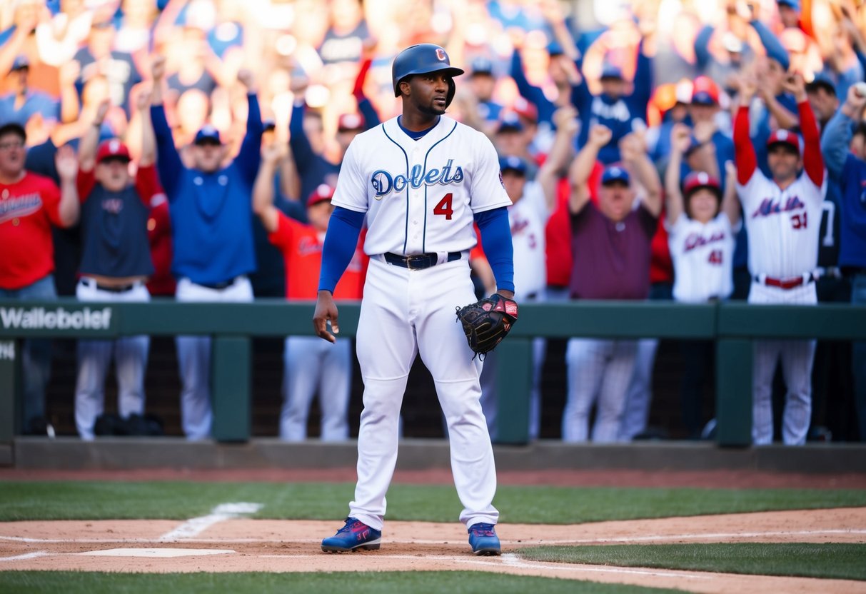 A baseball player standing at home plate, surrounded by cheering fans, with a determined look on his face as he prepares to choose his walk-up song