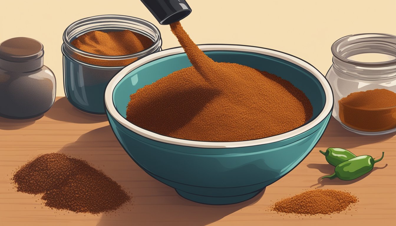 A small dish of ancho chili powder being sprinkled into a bowl of food, with a jar of chipotle powder nearby