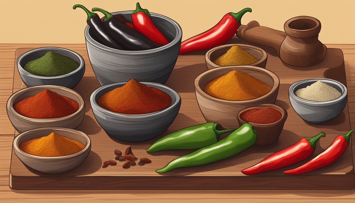 A variety of chili peppers arranged on a wooden cutting board, with ancho and chipotle powders in small bowls, and a mortar and pestle for grinding