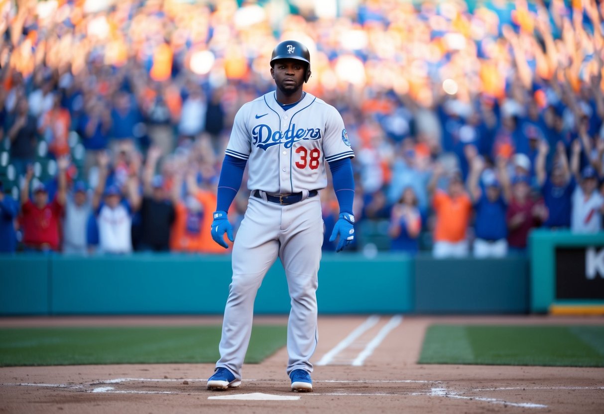 A baseball player standing at home plate, waiting for his walk-up song to start playing, with the stadium crowd cheering in the background