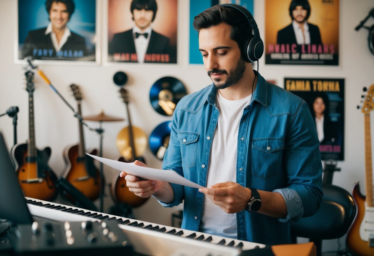 A person scrolling through a music library, headphones on, while surrounded by various musical instruments and posters of famous musicians