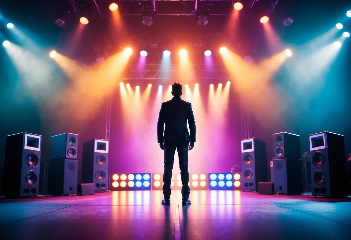 A figure stands in front of a stage, surrounded by colorful lights and speakers. The atmosphere is electric, with a sense of anticipation and excitement in the air