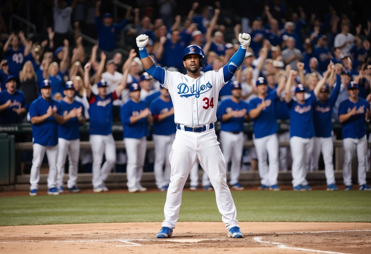 A baseball player standing at home plate, with a determined expression, surrounded by cheering fans and teammates