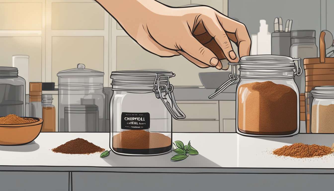 A hand reaching for a jar of ancho chili powder next to a jar of chipotle powder on a kitchen counter