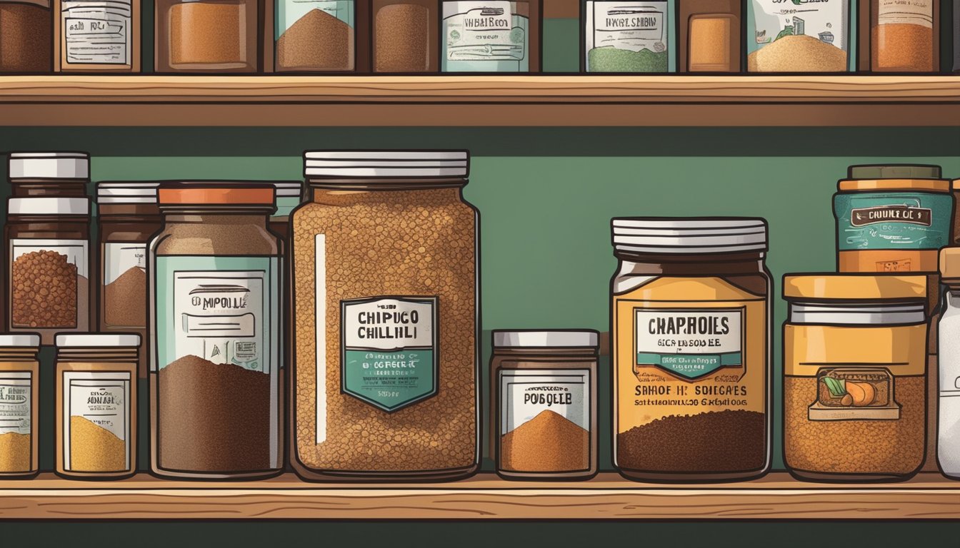 A hand reaching for a jar of ancho chili powder on a cluttered spice shelf, while a jar of chipotle powder sits nearby