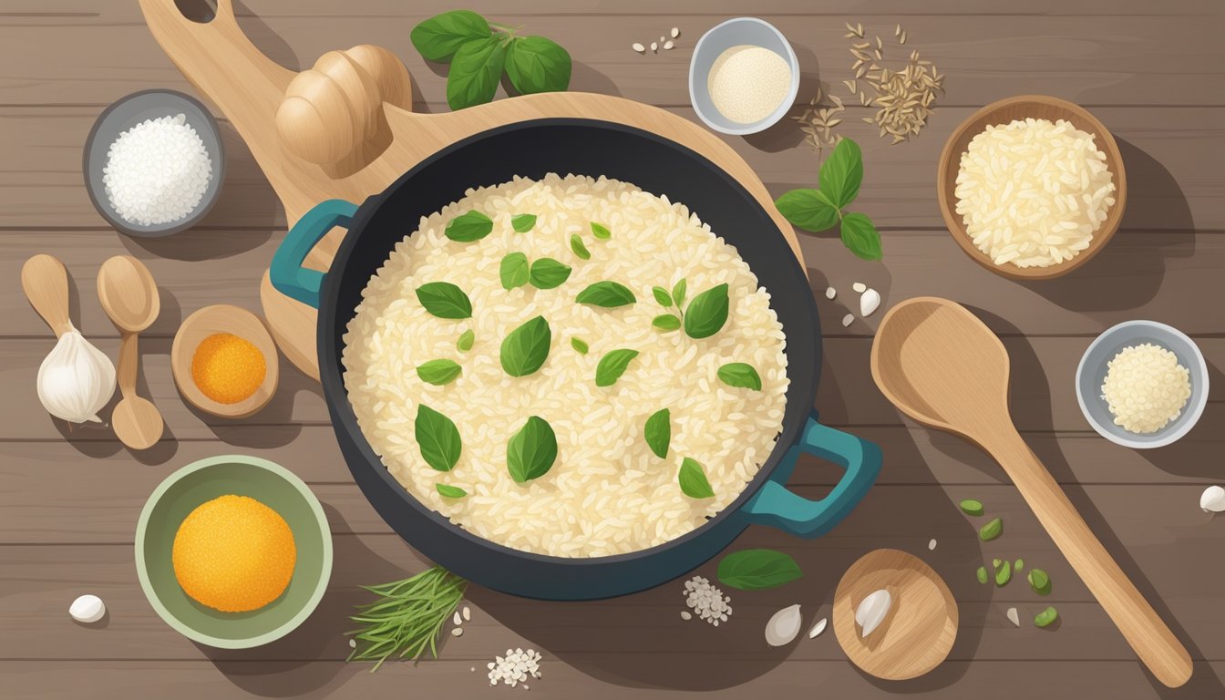 A pot of risotto being prepared with arborio rice instead of carnaroli rice, with various ingredients and a wooden spoon nearby