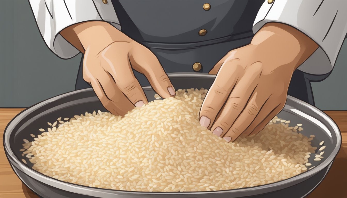 A chef carefully measures and compares the size and texture of arborio and carnaroli rice grains for a risotto recipe