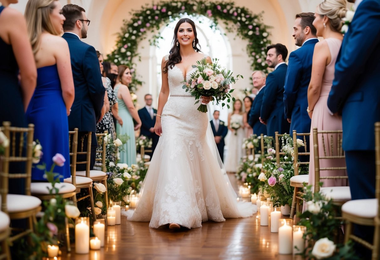 A bride walks down the aisle, surrounded by flowers and candles, as the sweet melody of a romantic song fills the air