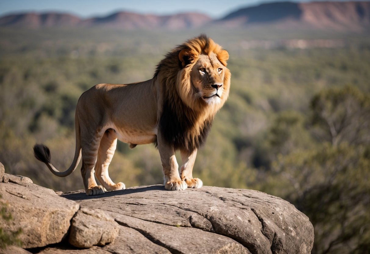 A regal lion stands proudly atop a rocky outcrop, surveying its domain with a commanding presence
